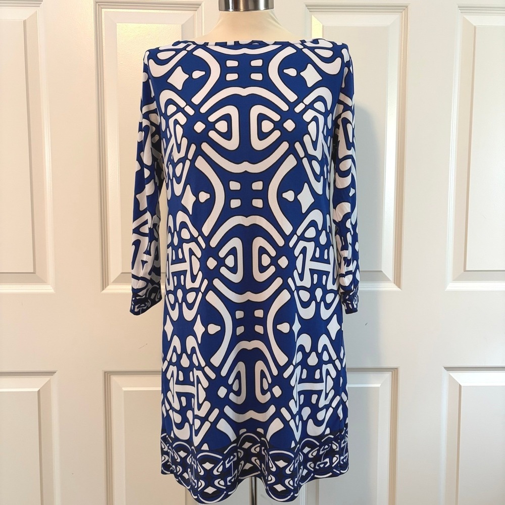 Laundry by Design Blue White Geometric Long Sleeve Shift Dress Womens Size 6